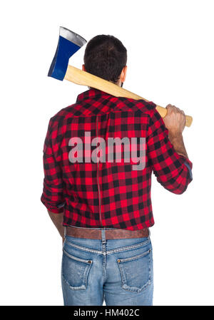 Lumberjack with plaid shirt from behind on white background Stock Photo
