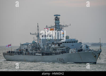 The British Royal Navy Type 23 Frigate HMS Lancaster last arrival at Portsmouth, UK on 17/12/15 prior to entering a pre-refit reserve period. Stock Photo