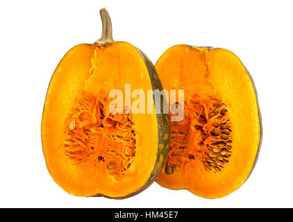 Butternut squash with seeds, cut in half on a white background Stock Photo