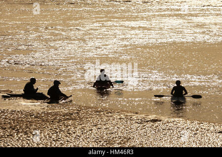 Surfers and water sports enthusiasts on the River Severn Bore, Newnham, Gloucestershire. Stock Photo