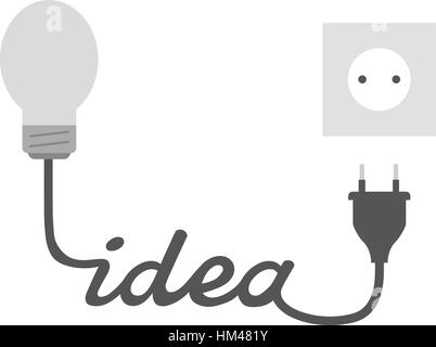 Vector grey light bulb with idea wire electrical plug and outlet. Stock Vector