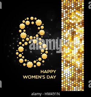 March 8. Happy Women's Day golden shimmer background made of abstract spangles for your greeting card design Stock Vector