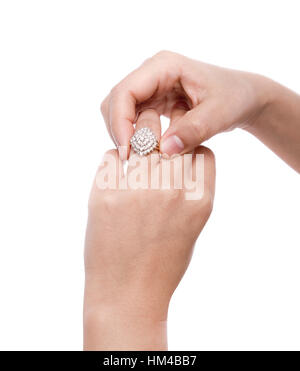 Engagement Ring in hand isolate on white background Stock Photo