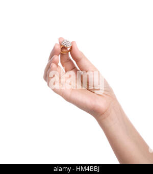 Engagement Ring in hand isolate on white background Stock Photo
