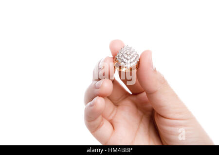 Engagement Ring in hand isolate on white background Stock Photo