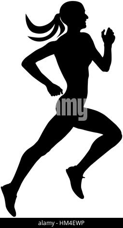 young slender female runner athlete running silhouette black Stock Photo