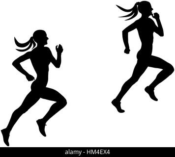 two slender female runner athlete running silhouette black Stock Photo