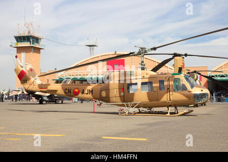 MARRAKECH, MOROCCO - APR 28, 2016: Moroccan Air Force AB205 Huey helicopter on display at the Marrakech Air Show Stock Photo