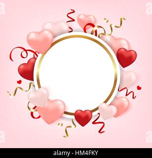 Decorative round banner for Valentine's day with pink and red balloons. Romantic festive background. Stock Vector