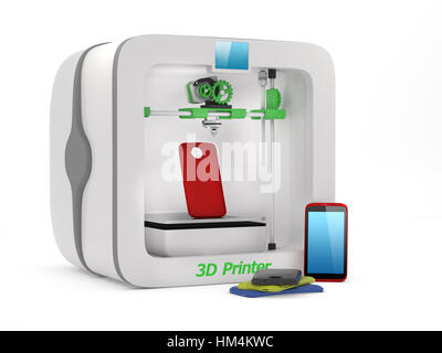 3D printer with used smartphone cover isolated on white background Stock Photo