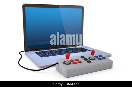 Arcade joystick connected to laptop pc isolated on white background. (3D Render) Stock Photo