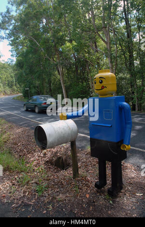 Life size Lego figure mailbox, UKI, New South Wales, Australia. Stock Photo