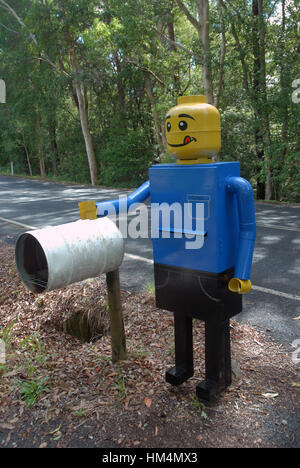 Life size Lego figure mailbox, UKI, New South Wales, Australia. Stock Photo