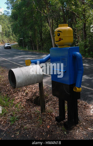 Life size Lego figure mailbox, UKI, New South Wales, Australia. Stock Photo