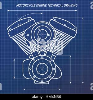 Technical drawings of motorcycle engine. Motor engineering concept. Vector illustration. Stock Vector