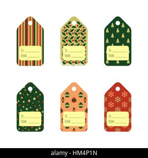 Set of bright Christmas gift tags in traditional colors.Set of labels with traditional Christmas and New Year elements. Stock Vector