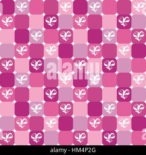 Elegant checked pattern with floral hearts over pink, magenta, and lilac tiles. Valentine's Day or wedding design background. Stock Vector
