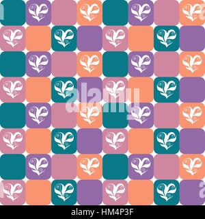 Checked pattern with floral hearts over green, orange, violet, and pink tiles. Valentine's Day or wedding design background. Stock Vector