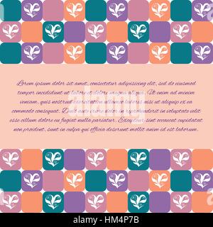 Design template with floral hearts over green, orange, violet, and pink tiles. Valentine's Day or wedding background. Stock Vector