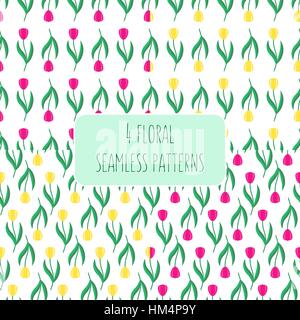 Set of bright seamless vector patterns with red and yellow tulips. Spring or summer background, floral design. Already in swatches. Stock Vector