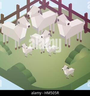 Sheep on a Field Isometric Style - Vector Illustration Stock Vector