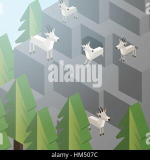Mountain Goats on a Cliff, Mountainside Isometric Style - Vector Illustration Stock Vector