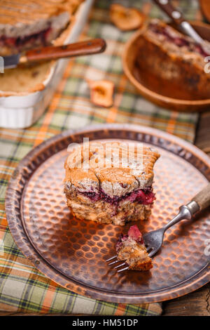 Bread pudding with blueberry jam and apple Stock Photo