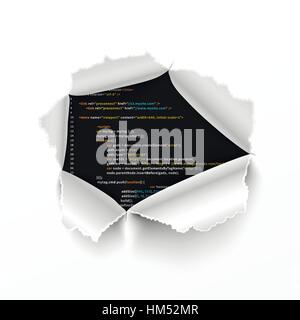 Torn hole in white sheet of paper on complicated program code Stock Vector