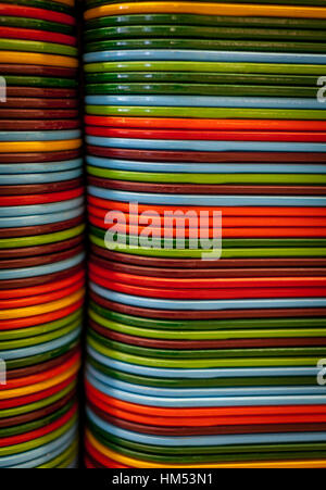 Pile of colorful food trays in the restaurant Stock Photo