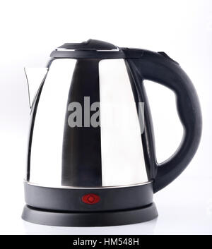 Side View of Electric Kettle Made of Stainless Steel on White Background Stock Photo