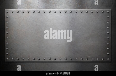 metal plaque or plate with rivets over blue background 3d illustration ...