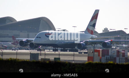 LOS ANGELES, CALIFORNIA, USA - OCT 9th, 2014: British Airways Airbus A380-800 shown shortly before takeoff at the LA Airport LAX. Stock Photo