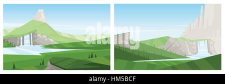 Digital vector abstract background collection set with trees, a waterfall in the mountains and silver stones, green fields, flat cartoon triangle styl Stock Vector
