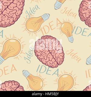 Cartoon style layered illustration - cute seamless pattern with happy Light Bulb Idea and brain. Stock Vector