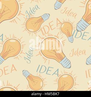 Cartoon style layered illustration - cute seamless pattern with happy Light Bulb Idea. Stock Vector