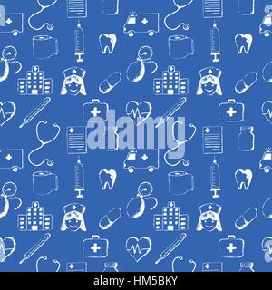 Blue seamless pattern-medical items. This illustration is drawn with a pencil. Stock Vector