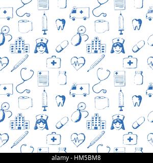 Seamless pattern-medical items. This illustration is drawn with a pencil. Stock Vector