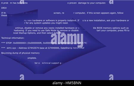 Torn hole in white sheet of paper on BSOD error program code Stock Vector