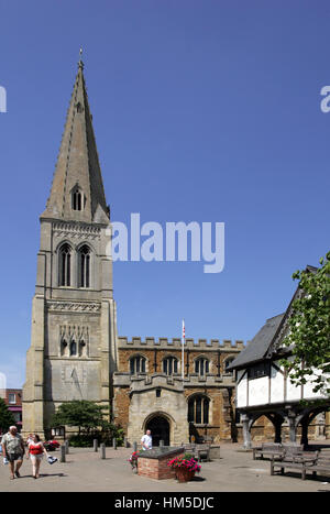 Saint Dionysius church and (R) the Old Grammar School, Market Harborough, Leicestershire Stock Photo