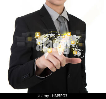 Business man touching an imaginary screen of social network against white background Stock Photo