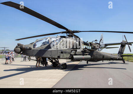 BERLIN, GERMANY - MAY 22, 2014: US Army Boeing AH-64D Apache Longbow attack helicopter at the International Aerospace Exhibition ILA. Stock Photo