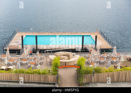 Swimming Pool floating on Lake Como in Italy Stock Photo