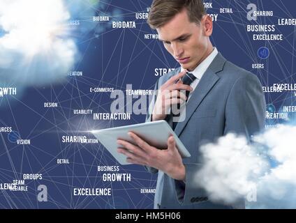 Businessman using digital tablet with connecting icons against blue background with clouds Stock Photo