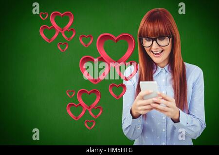Happy woman using smart phone Stock Photo