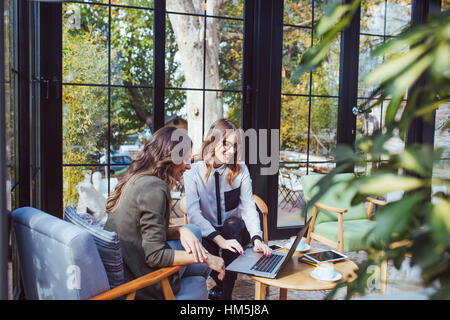 Colleagues using laptop computer in cafe Stock Photo