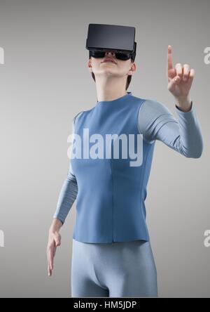 Woman experiencing virtual reality headset Stock Photo