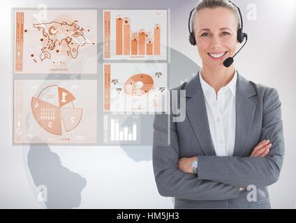 Customer service woman with world map interface in background Stock Photo