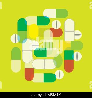 A graphic illustration image of different tablets, capsules and caplets. Stock Vector
