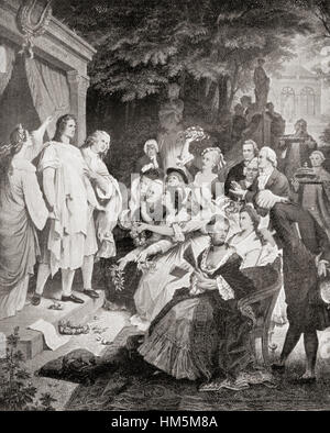Engraving titled 'Goethe in Weimar' by German painter Wilhelm von Kaulbach (1805-1874) depicting a  performance of Iphigenia in Tauris featuring Goethe as Orestes, Karl August as Pylades, and Corona Schröter as Iphigenia. Stock Photo