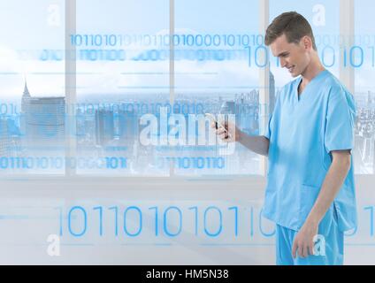 Happy doctor using mobile phone Stock Photo
